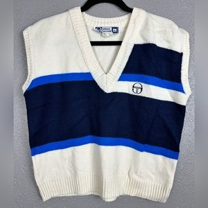 Sergio Tacchini Sweater Vest Unisex ML Blue/White V Neck Tennis Leisure